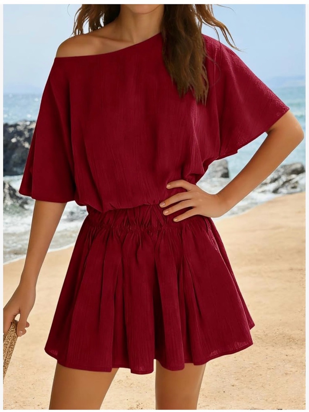 Yousify off the Shoulder Dress Batwing Sleeve Cinched Waist Mini Dress.